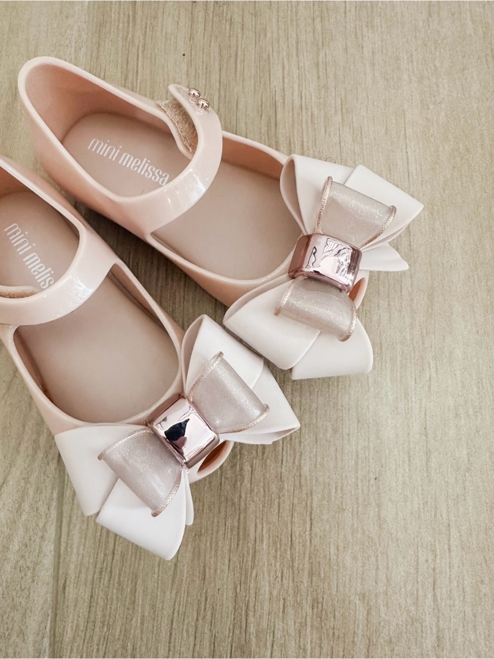 Mini Melissa Blush Pink Mary Janes with White Bow & Rose Gold Accent